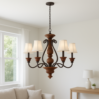 Antiqued Gold And White Five Light Chandelier