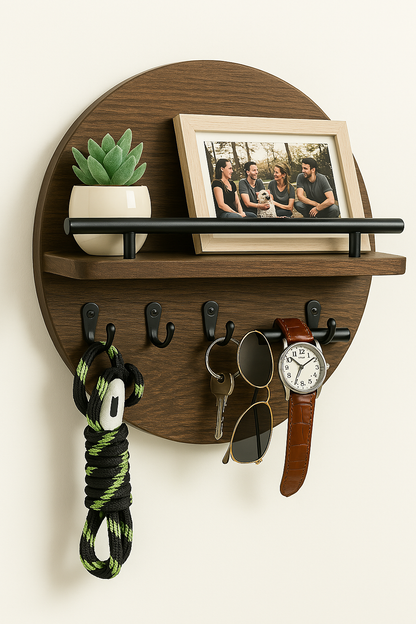 Round Wooden Key Holder Wall Mount Entryway Organizer Shelf Hooks