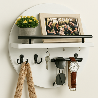 Round Wooden Key Holder Wall Mount Entryway Organizer Shelf Hooks