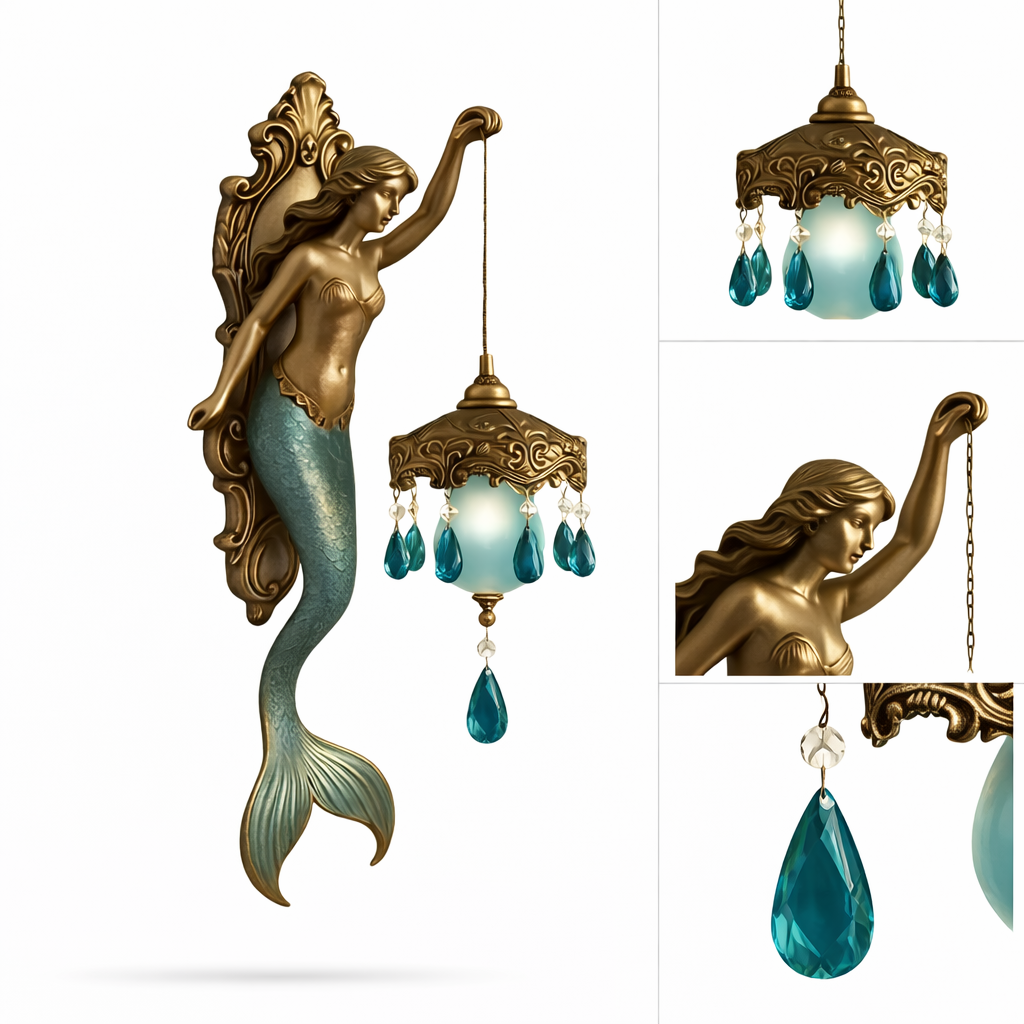 Mermaid Wall Sconce – Ocean Theme Crystal Lantern Light for Bedroom & Bathroom