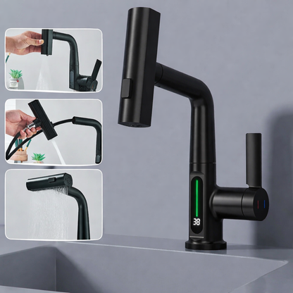 Pull Out Waterfall Kitchen Faucet Digital Display Hot Cold Mixer Sink Tap