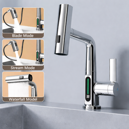 Pull Out Waterfall Kitchen Faucet Digital Display Hot Cold Mixer Sink Tap
