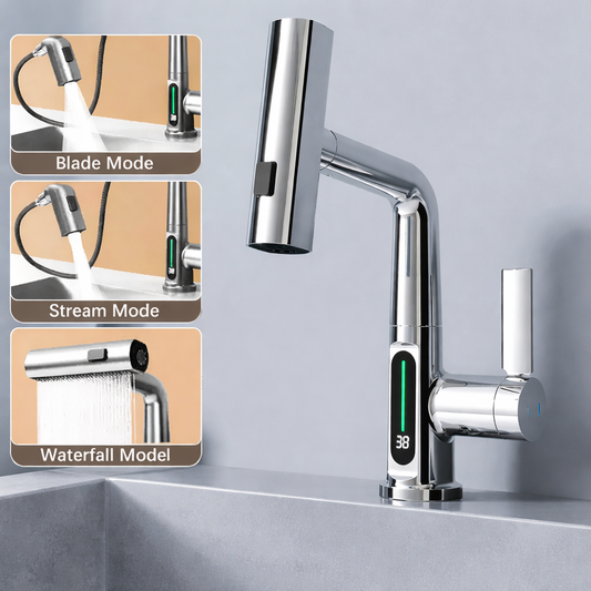 Pull Out Waterfall Kitchen Faucet Digital Display Hot Cold Mixer Sink Tap