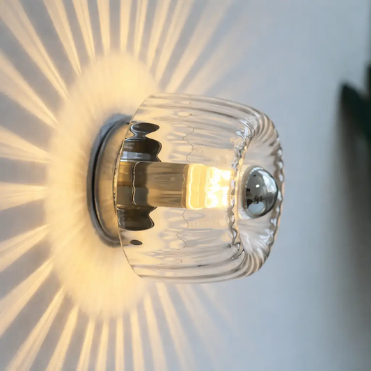 LED Bauhaus Glass Wall Light Moktan Sabai with ribbed clear glass shade on Tampa Home & Garden Store