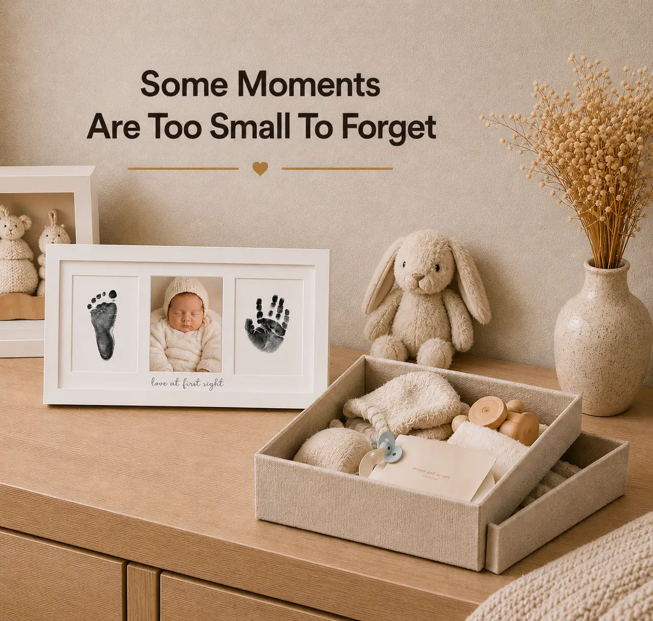 Mess-Free Baby Handprint & Footprint Keepsake Kit 4-Pack, framed triptych on beige dresser on Tampa Home & Garden Store