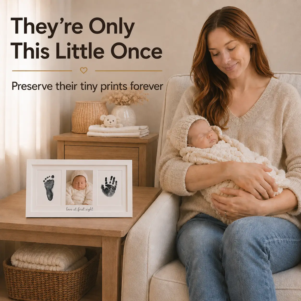 Mess-Free Baby Handprint & Footprint Keepsake Kit 4-pack by Little Treasures with a framed keepsake trio on a table on Tampa Home & Garden Store