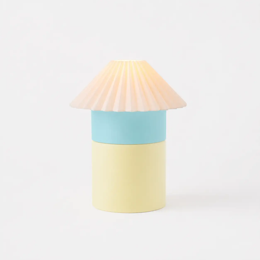 Cici lamp color-blocked table lamp with swappable bases; cream shade, pastel yellow base, blue band on Tampa Home & Garden Store