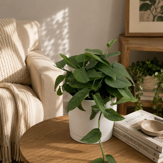 Pothos Cebu Blue trailing plant RUNOPLANTS in white ceramic pot on a wooden table on Tampa Home & Garden Store