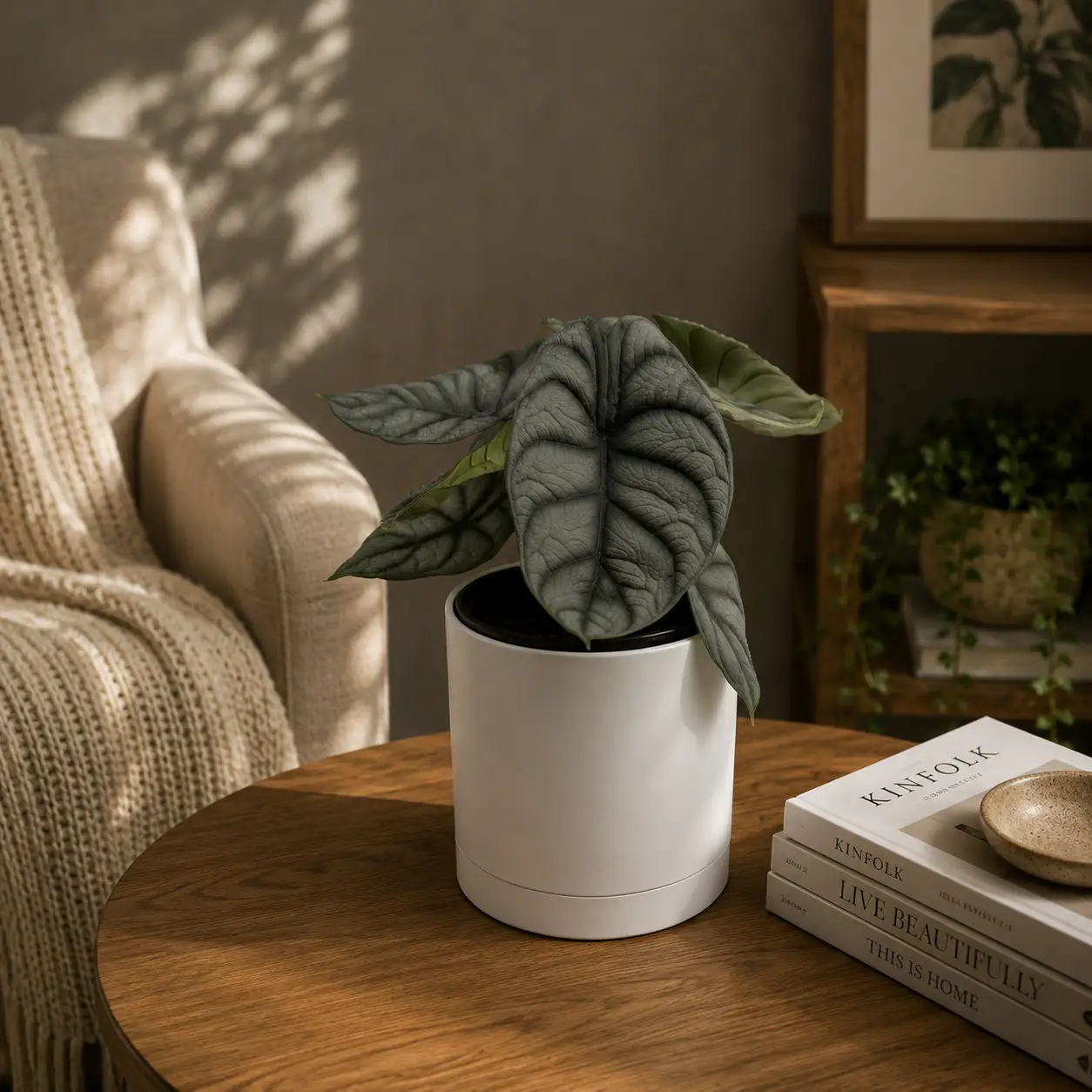 Alocasia Silver Dragon plant in ceramic pot on a wooden table with dark green leaves on Tampa Home & Garden Store