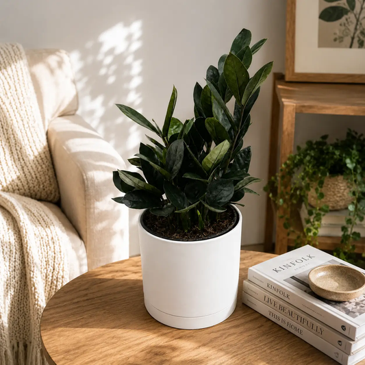 ZZ Black Raven Zamioculcas plant in a white ceramic pot for indoor decor RUNOPLANTS on Tampa Home & Garden Store