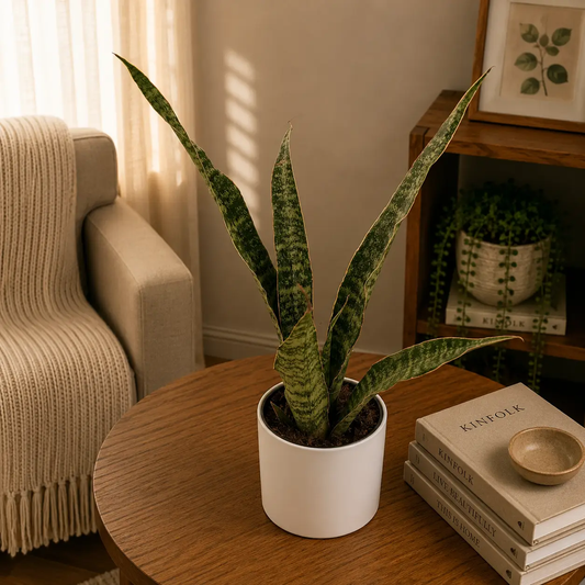 Sansevieria Jaboa snake plant in a white ceramic pot on a wooden table on Tampa Home & Garden Store