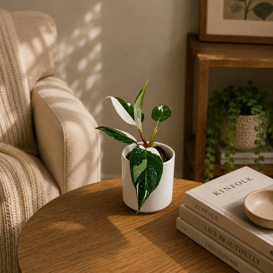 Exotic Philodendron White Princess plant in white ceramic pot with variegated leaves on Tampa Home & Garden Store
