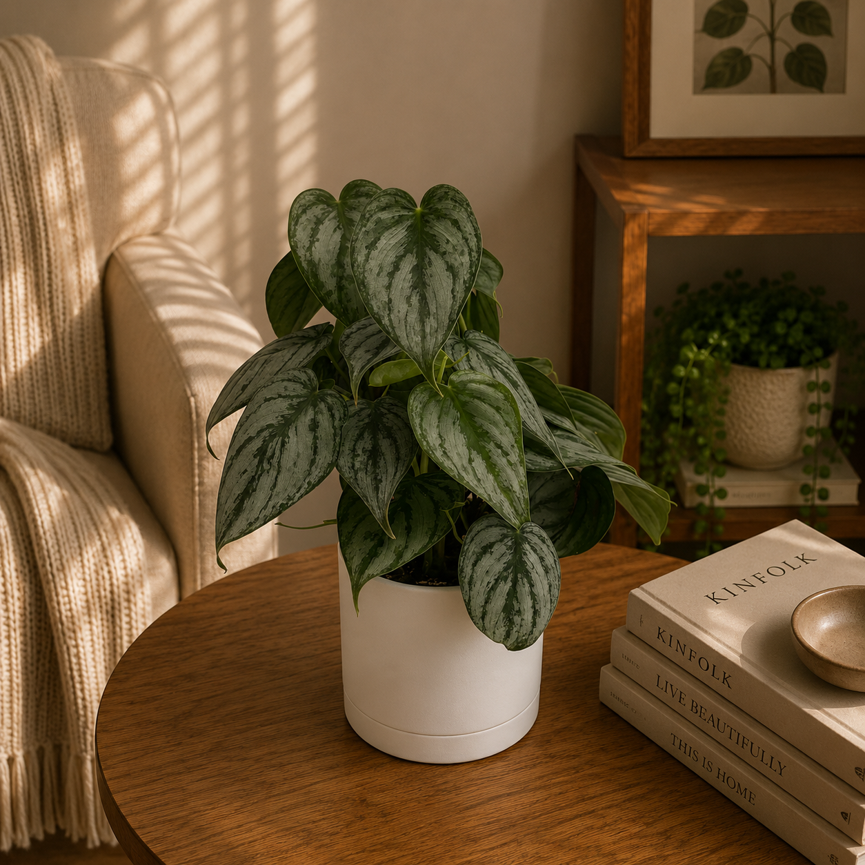 Philodendron Brandi plant with silver variegated leaves in a white pot on Tampa Home & Garden Store