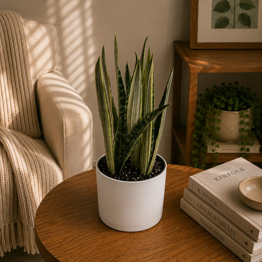 Rare Sansevieria Bantel's Sensation plant with variegated leaves in a white ceramic pot on a table on Tampa Home & Garden Store