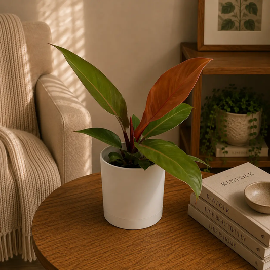 Philodendron Prince of Orange plant in white pot with green and orange leaves on a table on Tampa Home & Garden Store