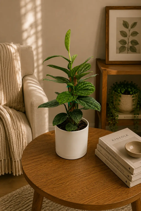 Monstera Peru potted houseplant with dramatic green leaves in white pot on wood table on Tampa Home & Garden Store