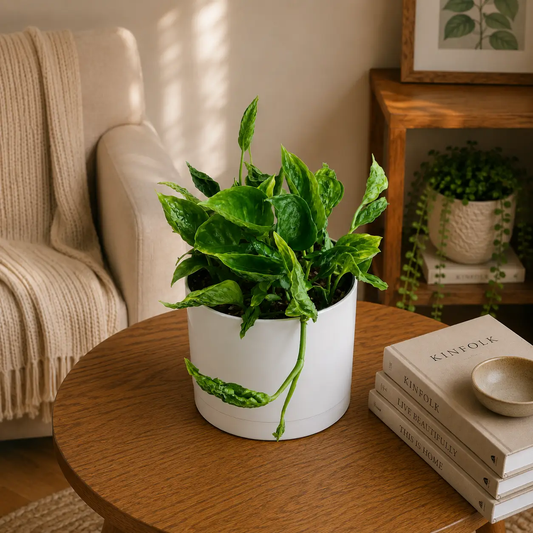 Pothos Shangri La trailing houseplant RUNOPLANTS in a white pot with glossy variegated green leaves on Tampa Home & Garden Store