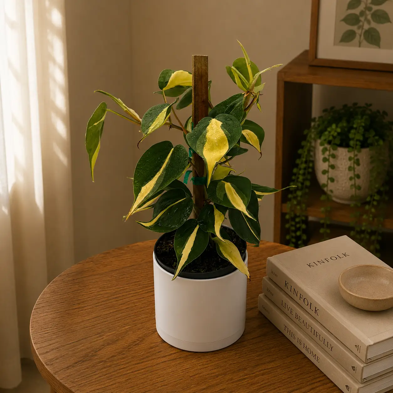 Philodendron Brazil variegated heartleaf plant in a white pot with cream leaves on a table on Tampa Home & Garden Store