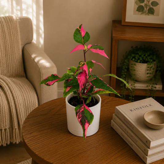 Alternanthera Party Time plant pink and green variegated leaves in white pot RUNOPLANTS on Tampa Home & Garden Store