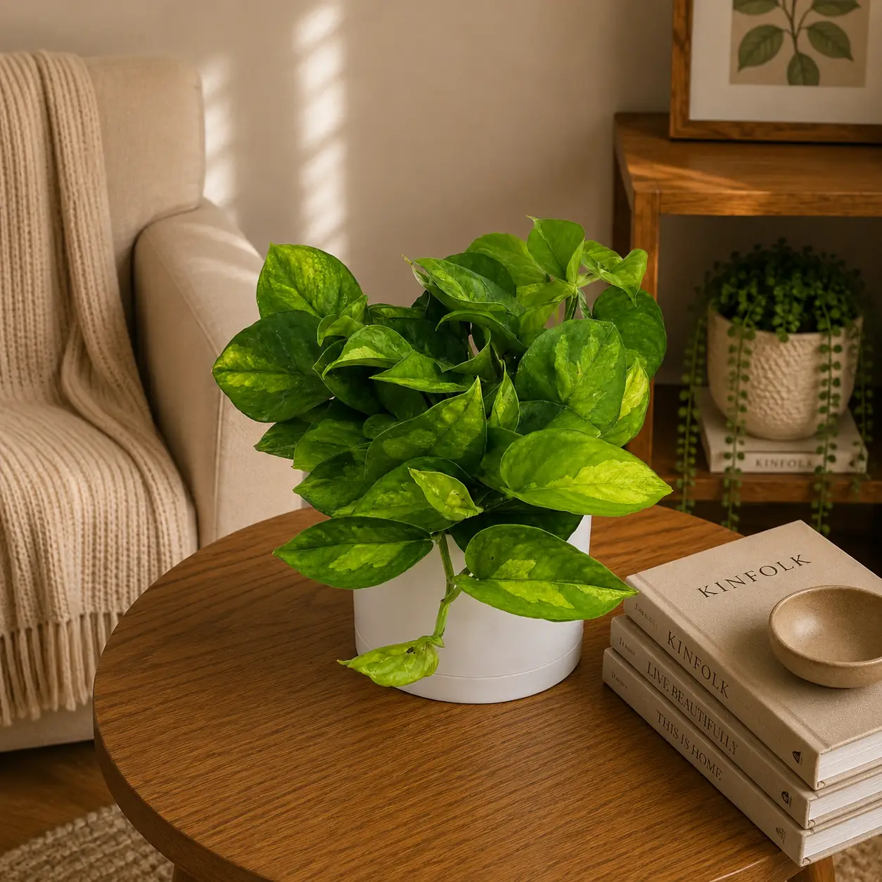 Pothos Lizard Queen plant with variegated leaves in a white pot on a round wood table on Tampa Home & Garden Store