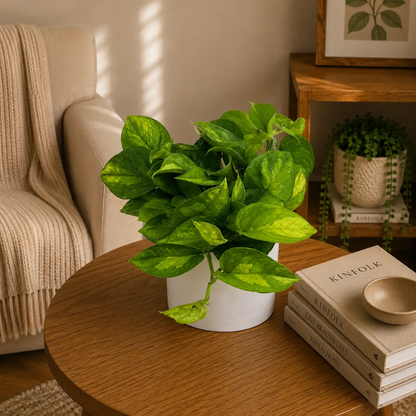 Pothos Lizard Queen plant with variegated leaves in a white pot on a round wood table on Tampa Home & Garden Store