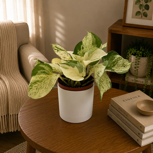 Pothos Manjula variegated plant in pot with cream and green leaves RUNOPLANTS houseplant on Tampa Home & Garden Store