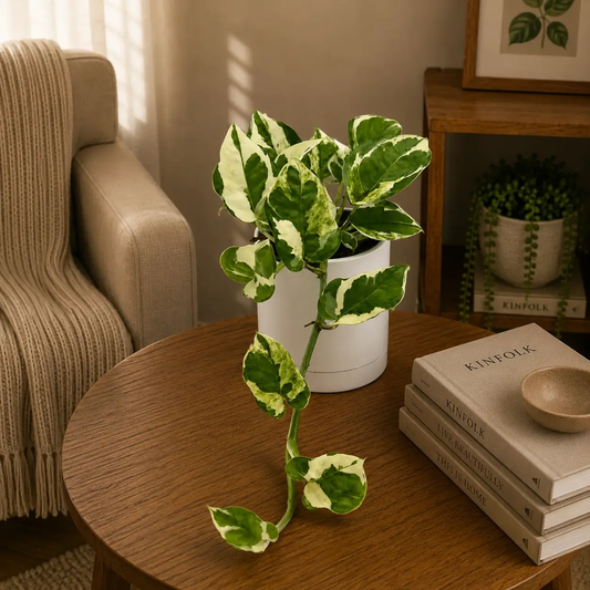 Pothos N Joy variegated indoor plant RUNOPLANTS in white pot on a wooden table on Tampa Home & Garden Store