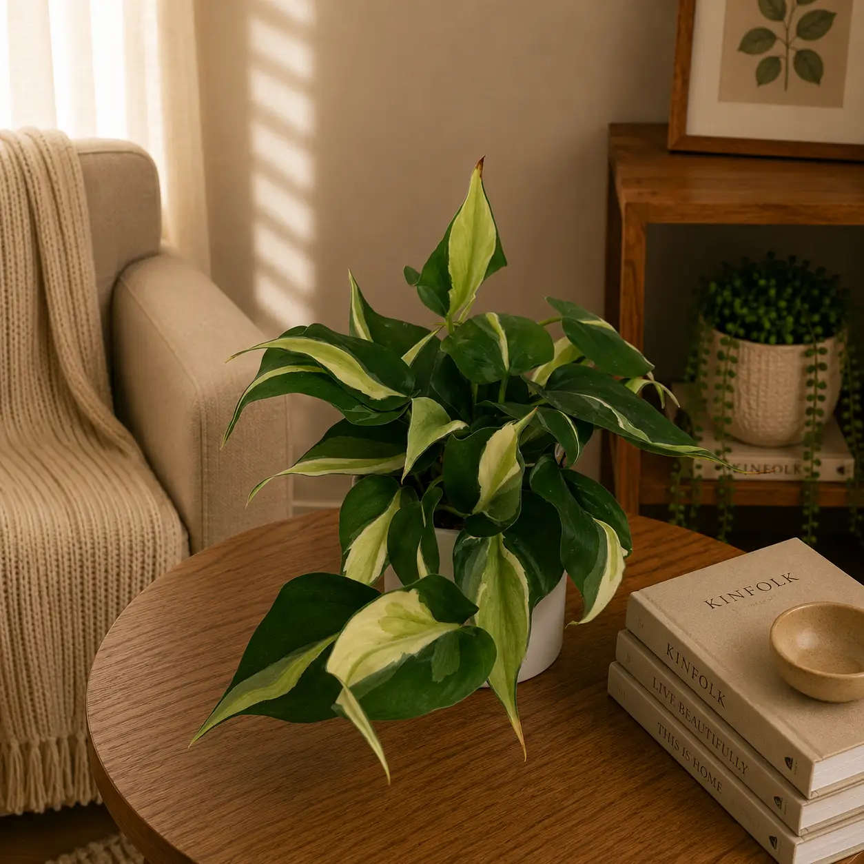 Philodendron Rio Variegated plant with yellow-green leaves in a white pot on a coffee table on Tampa Home & Garden Store