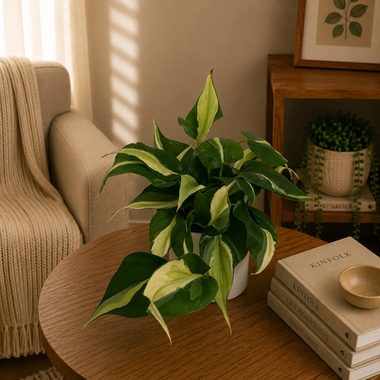 Philodendron Rio Variegated plant with yellow-green leaves in a white pot on a coffee table on Tampa Home & Garden Store