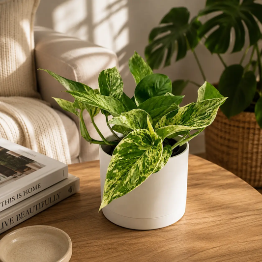 Pothos Marble Queen plant in a white ceramic pot with variegated green and cream leaves on Tampa Home & Garden Store