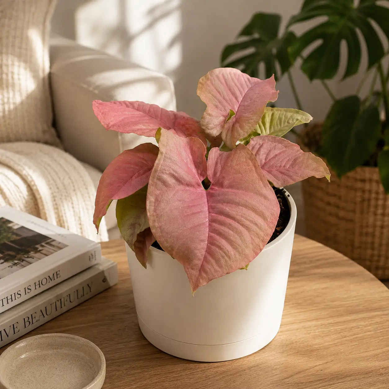 Syngonium Neon Pink plant in white pot with pink leaves, RUNOPLANTS potted houseplant for indoor decor on Tampa Home & Garden Store