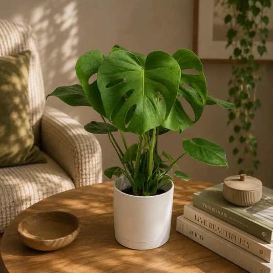 Monstera deliciosa potted plant in a white ceramic pot with lush split leaves on Tampa Home & Garden Store