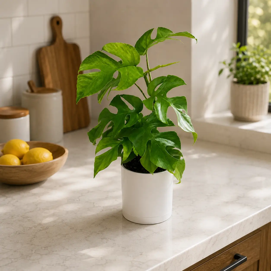 Rhaphidophora Tetrasperma plant in white ceramic pot with green leaves on counter RUNOPLANTS on Tampa Home & Garden Store