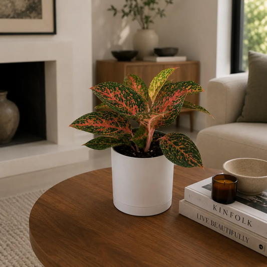 Aglaonema Chanel Silver Leaf indoor plant in white pot with pink-green leaves on Tampa Home & Garden Store