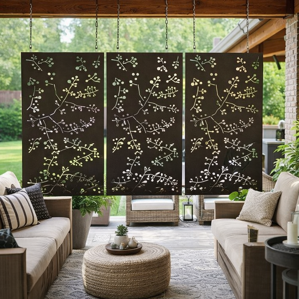 3-panel outdoor metal privacy screen with wattle twig design, Rustica Ornamentals, heavy steel on Tampa Home & Garden Store