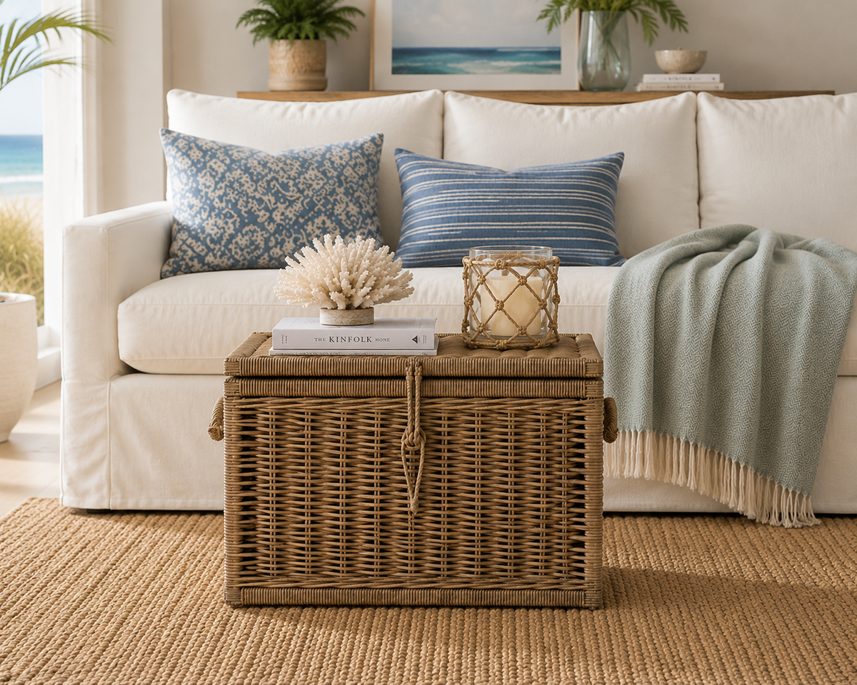 Key Largo Rattan Storage Trunk in natural wicker beside a cream sofa with blue patterned cushions on Tampa Home & Garden Store
