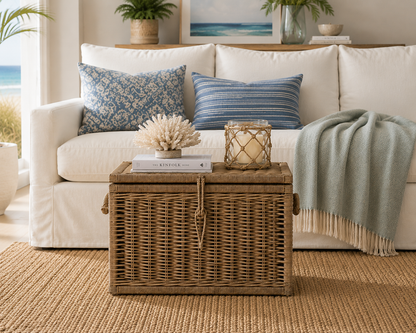 Key Largo Rattan Storage Trunk in natural wicker beside a cream sofa with blue patterned cushions on Tampa Home & Garden Store
