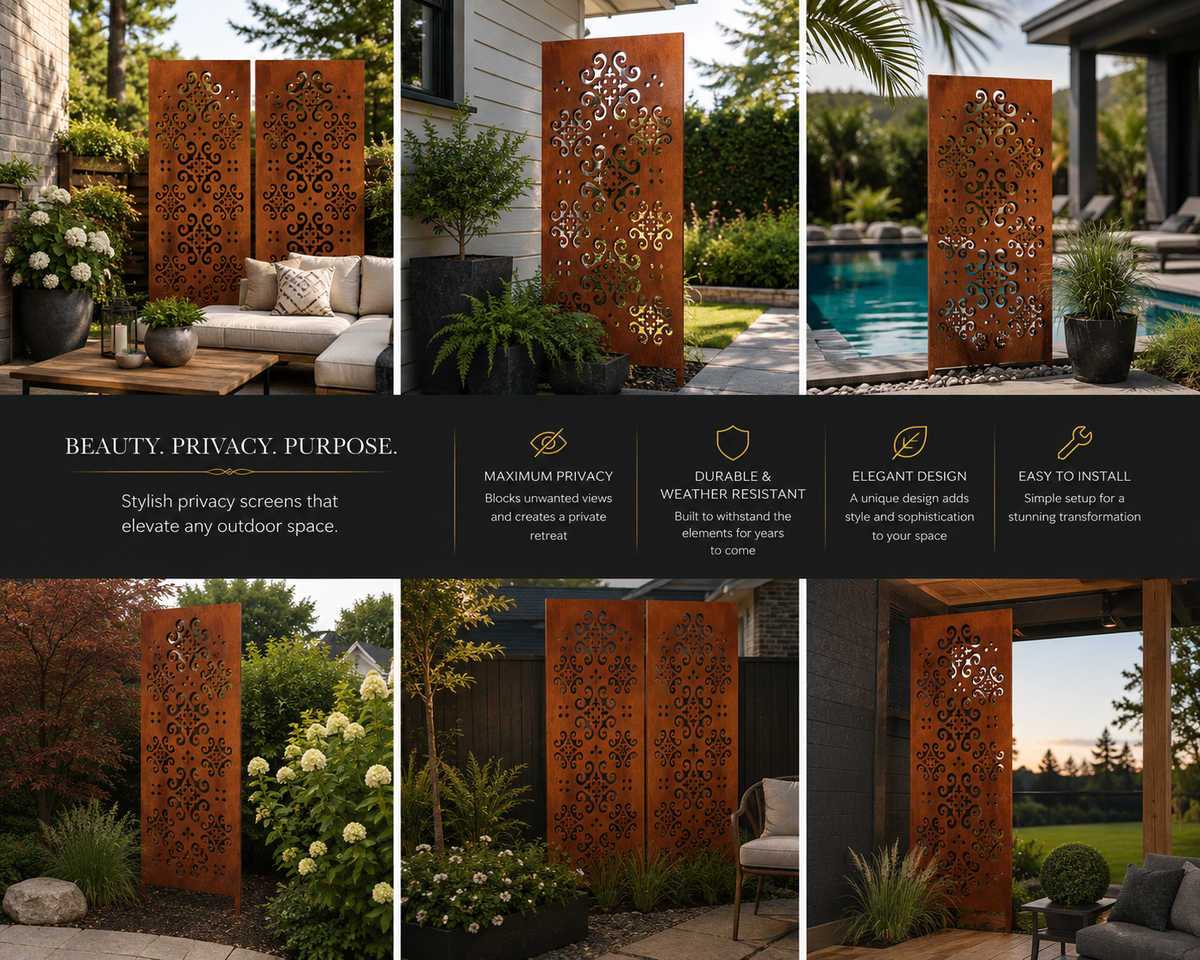 Optimum outdoor privacy panel by Rustica Ornamentals, rust-orange heavy-duty steel 60–72 in on Tampa Home & Garden Store