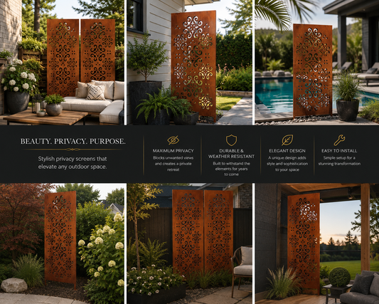 Optimum outdoor privacy panel by Rustica Ornamentals, rust-orange heavy-duty steel 60–72 in on Tampa Home & Garden Store