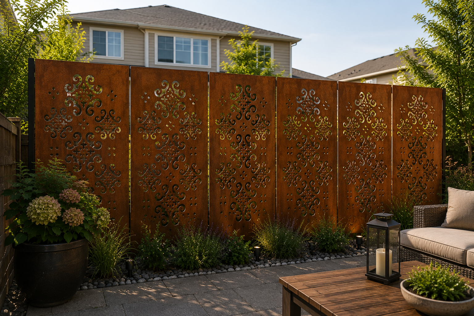Outdoor metal privacy screen Optimum rusted steel ornate cutouts, 7 panels on Tampa Home & Garden Store