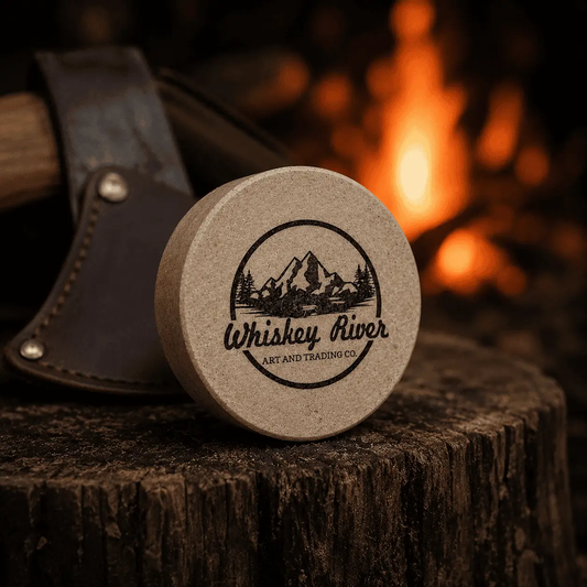 Whiskey River Sharpening Puck round granite stone branded Whiskey River Art and Trading Co on Tampa Home & Garden Store