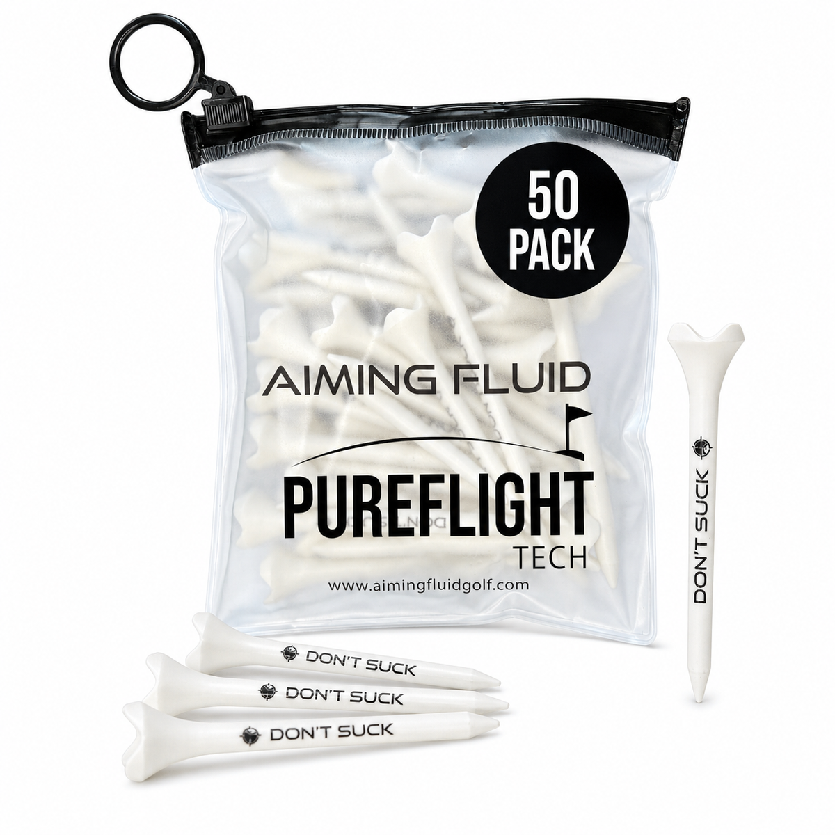 Golf tees DON’T SUCK – PureFlight 4-prong, white 50-pack in clear bag by Aiming Fluid Golf on Tampa Home & Garden Store