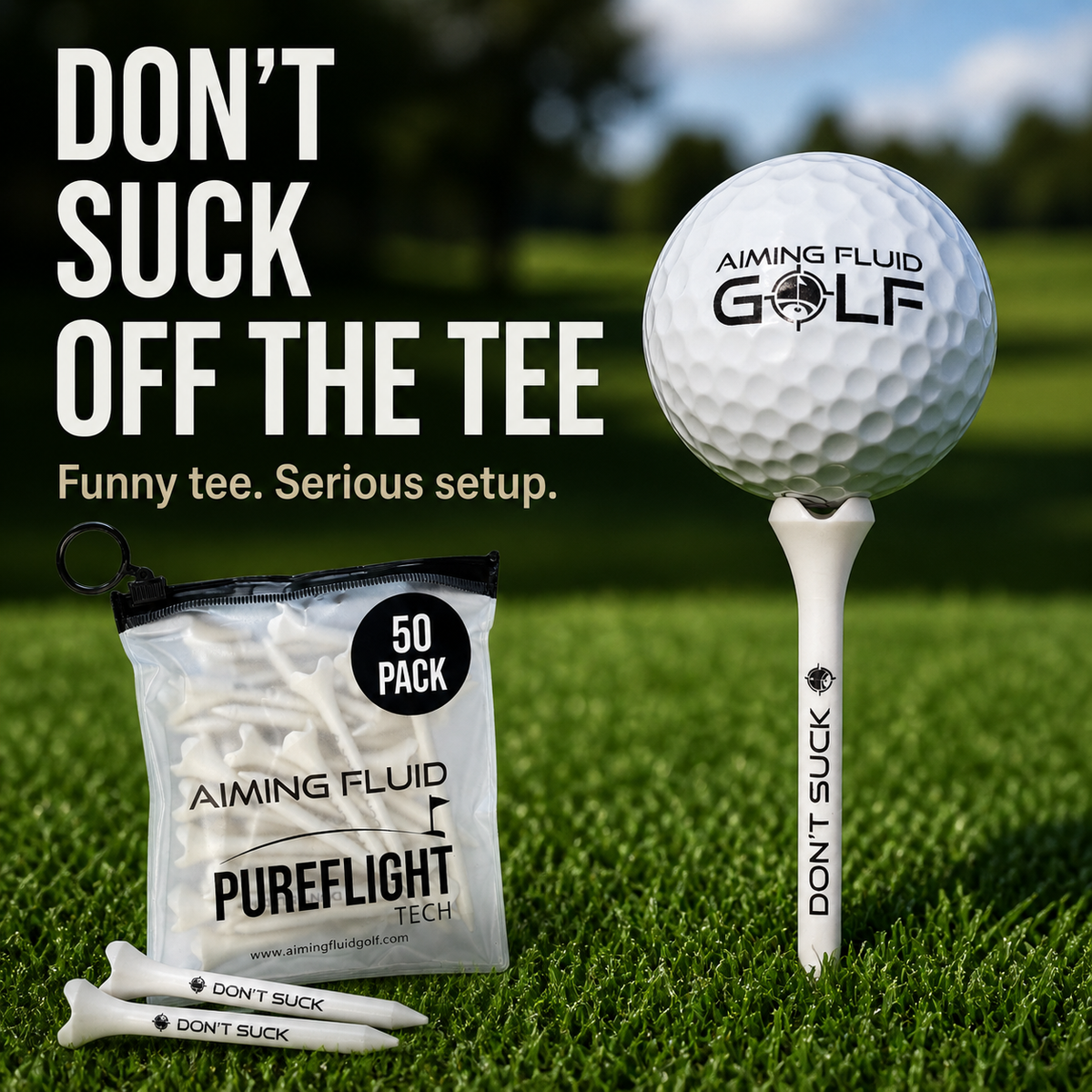 Golf Tees DONT SUCK PureFlight 4-Prong 50-pack by Aiming Fluid Golf with white tees on Tampa Home & Garden Store