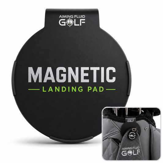Magnetic Landing Pad round black golf bag towel dock with Aiming Fluid Golf branding and clips on Tampa Home & Garden Store