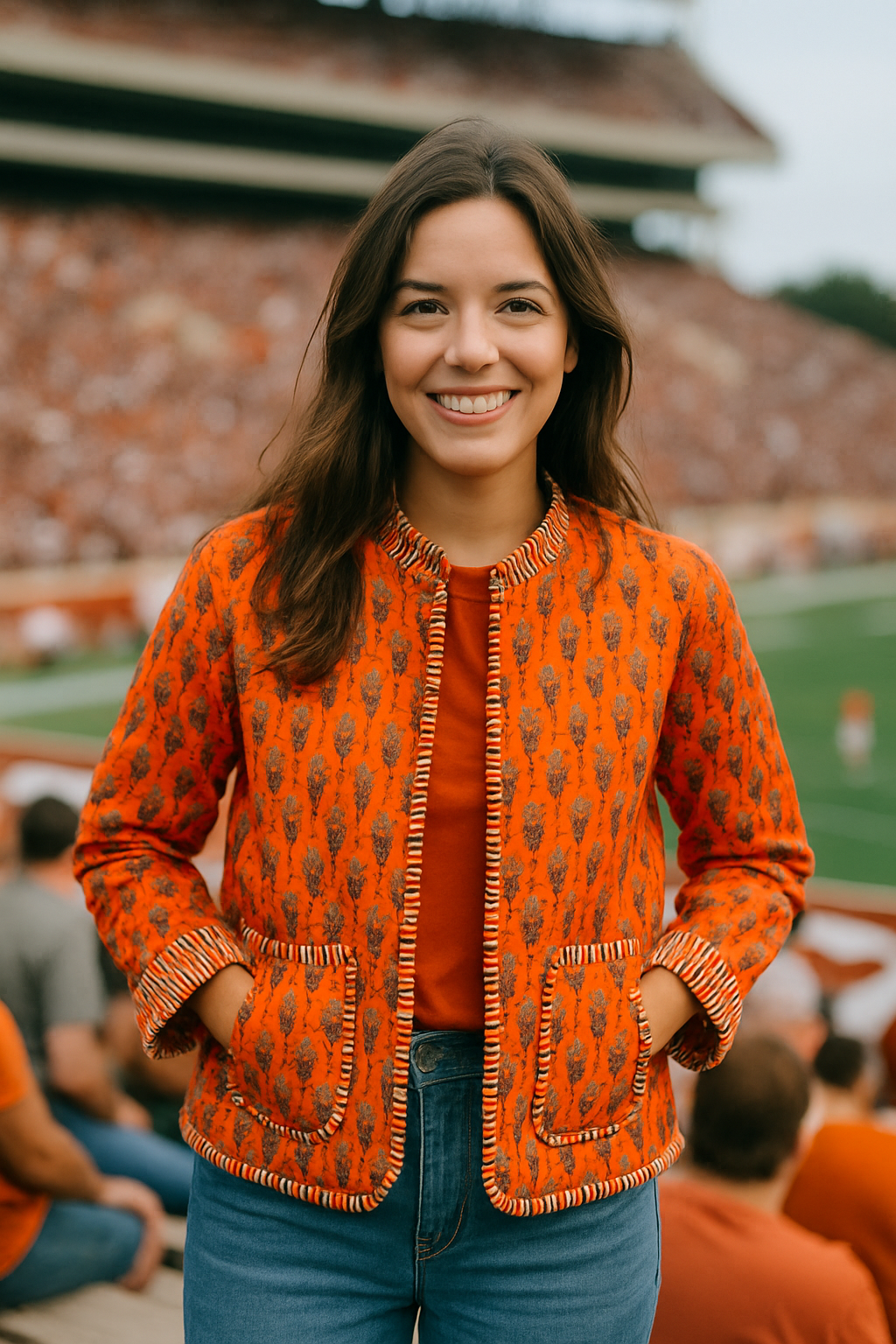 Charlotte Jacket in Poppy Orange by Erin Donahue Tice, orange patterned jacket on Tampa Home & Garden Store