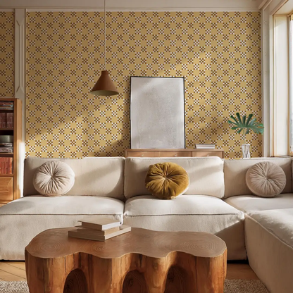Checkered Quilt Wallpaper, butter yellow, brown and white - Tampa Home & Garden Store