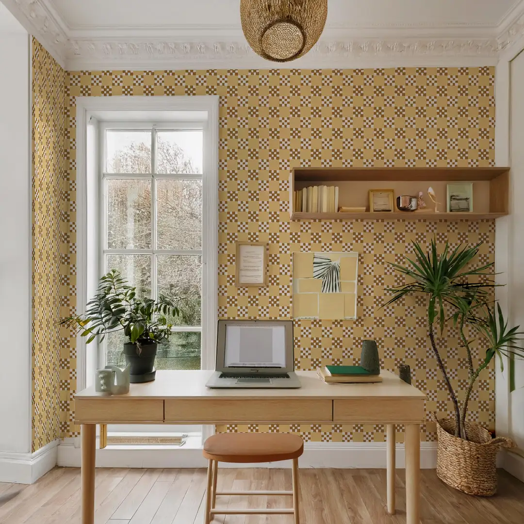 Checkered Quilt Wallpaper, butter yellow, brown and white - Tampa Home & Garden Store
