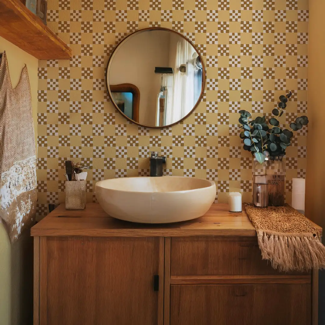 Checkered Quilt Wallpaper, butter yellow, brown and white - Tampa Home & Garden Store