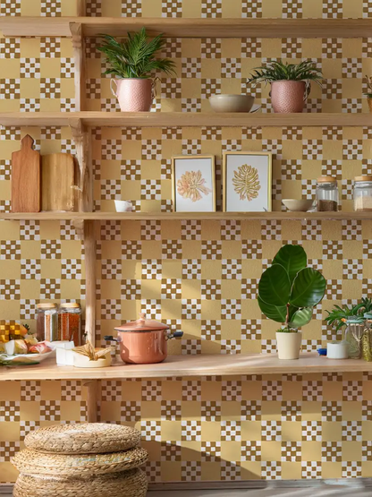 Checkered Quilt Wallpaper, butter yellow, brown and white - Tampa Home & Garden Store