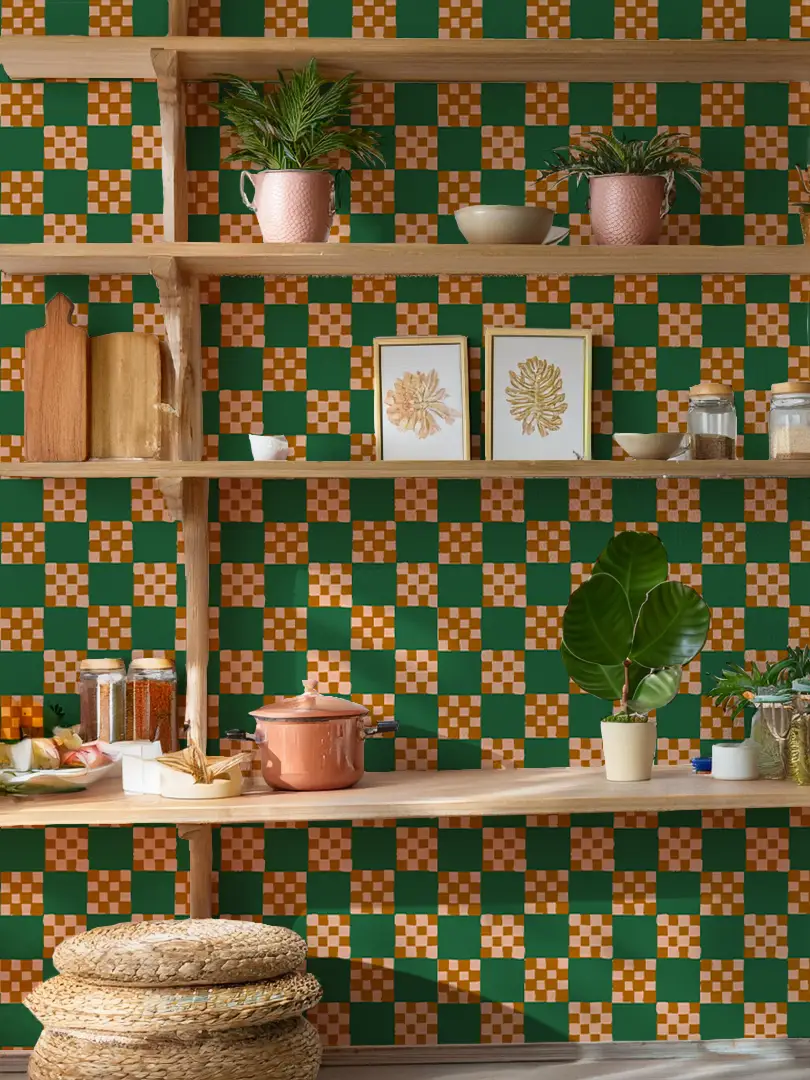 Checkered Quilt Wallpaper, green, peach and toffee - Tampa Home & Garden Store